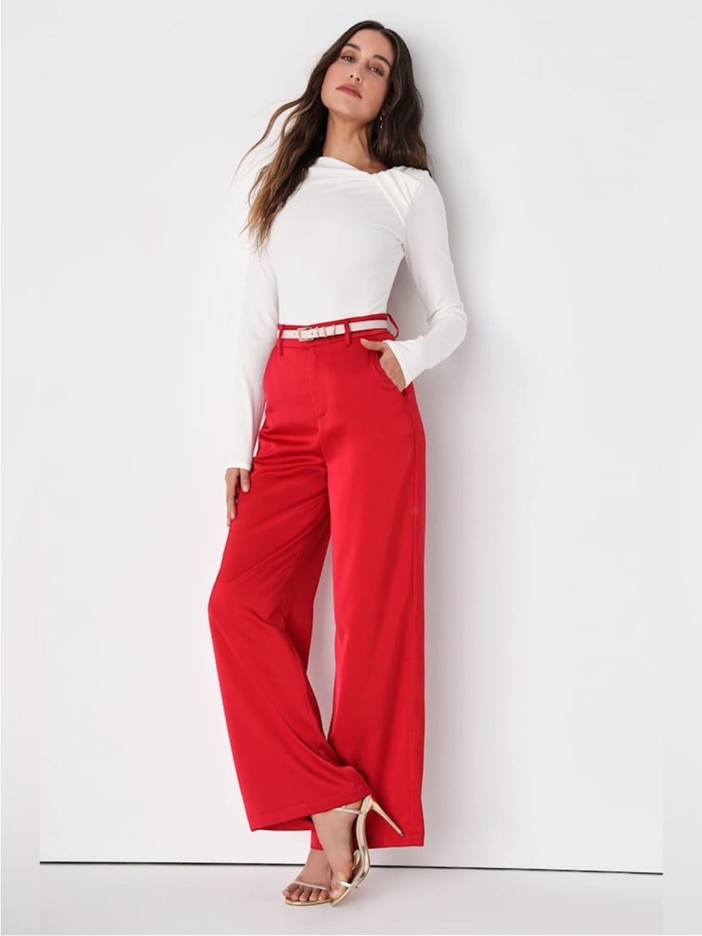 Lulus Modern Approach Red Satin Wide-Leg Pants Size M INWT